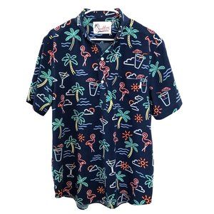 Chubbies Mens Large Blue Neon Pink Flamingo Island Cocktail Polo Shirt